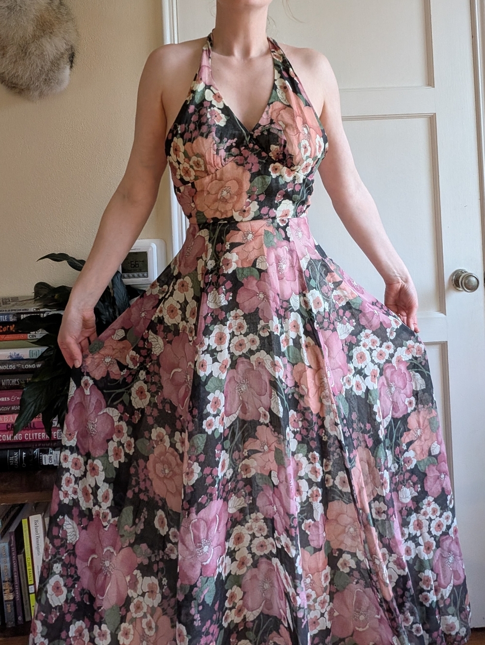 Vintage 70s Floral Halter Maxi Dress in Pink and Green